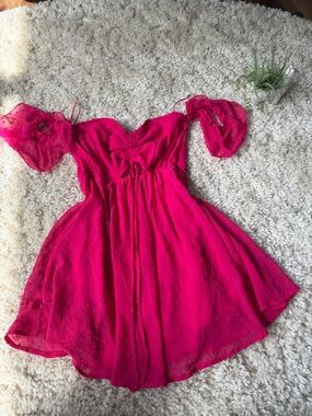 FAVLUX Hot Pink cute spring dolly Off-the-Shoulder Puff Sleeve Casual Dress